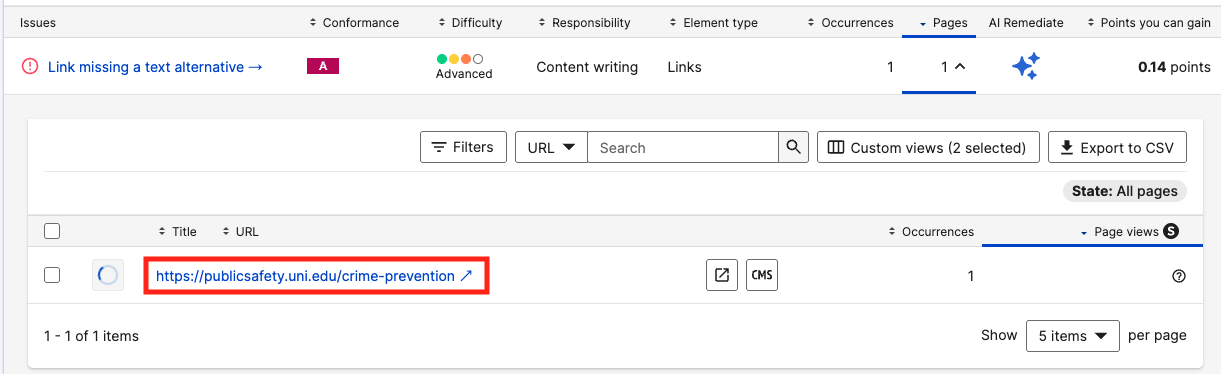 Siteimprove Accessibility Report detail page